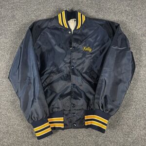 Vintage Gull Lake Michigan Navy Blue Satin Bomber Jacket S 70s 80s Varsity